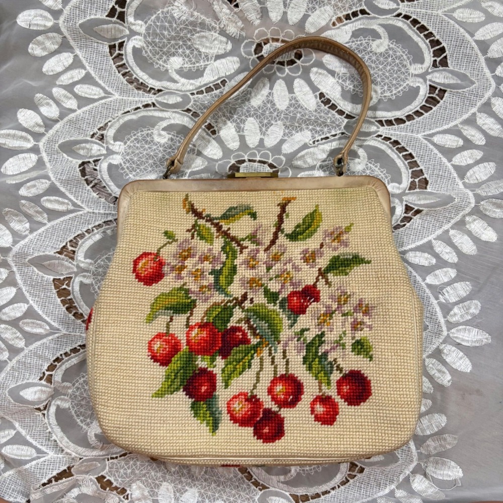Vintage Cottage Coquette Needlepoint Cherry Blossom Top Handle Bag